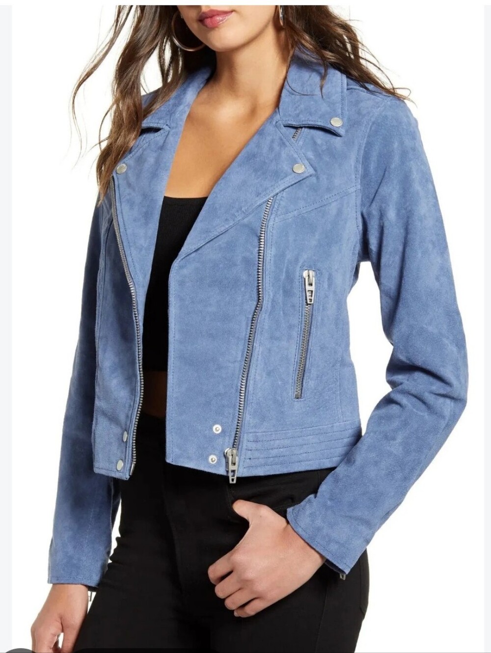 Blank NYC Blue Suede Moto Jacket Genuine Leather Asymmetric Women's S